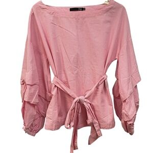 MAX Jeans Pink Gingham Blouse XS Tie Waist Ruffle Sleeve‎ Long Sleeve